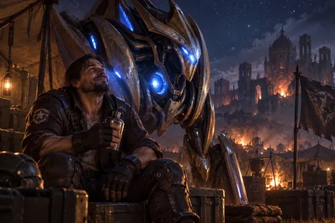AI reconstructed illustration: Raynor and Fenix share a quiet moment of camaraderie under the starry night sky of Korhal.