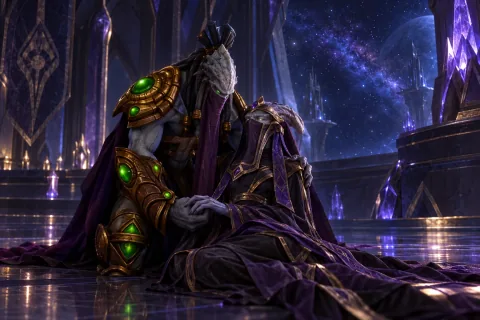 AI-reconstructed illustration — Zeratul, consumed by grief after losing Raszagal.
