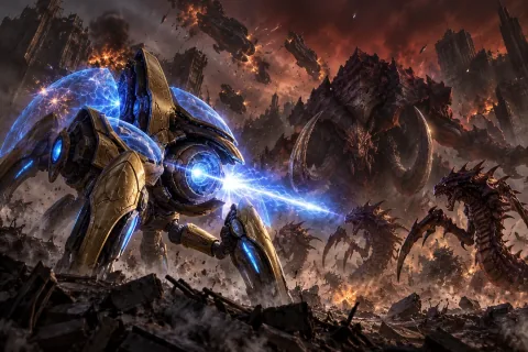 AI reconstructed illustration: Fenix in his Dragoon walker fighting off Zerg forces on the dusty surface of Korhal.