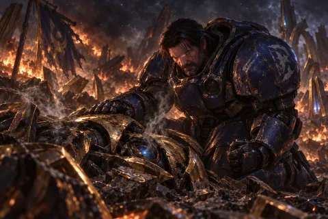 AI reconstructed illustration: Jim Raynor kneeling in grief before the smoking, shattered remains of Fenix's Dragoon on Korhal.