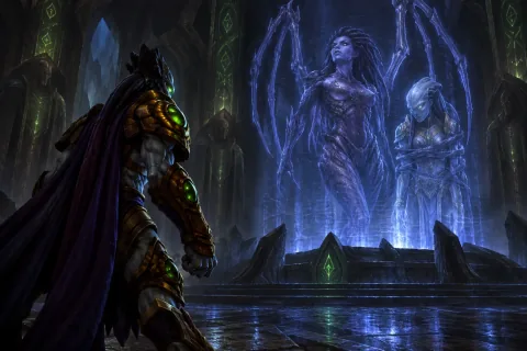 AI reconstructed illustration: Zeratul watching a hologram of Kerrigan holding the kidnapped Matriarch Raszagal captive.