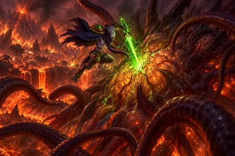 AI reconstructed illustration: Zeratul plunging his green warp blade into the neural core of the new Overmind on Char.