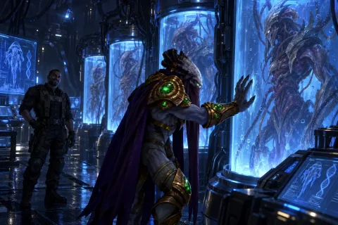 AI reconstructed illustration: Zeratul discovering the secret hybrid stasis chambers as Samir Duran steps out of the shadows.