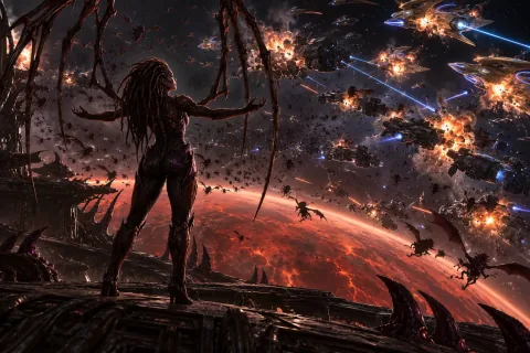 AI reconstructed illustration: Kerrigan standing on the Omega Platform overlooking the massive space battle destroying the allied fleets.