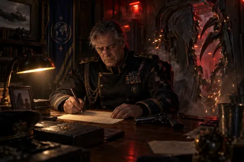 AI reconstructed illustration: Admiral DuGalle writing his final letter in his quarters as Zerg forces breach the door.