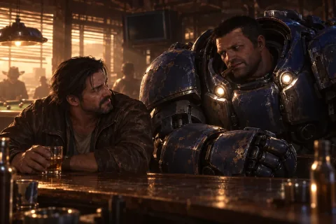 AI-reconstructed illustration — Raynor reuniting with Tychus at Joeyray's Bar.