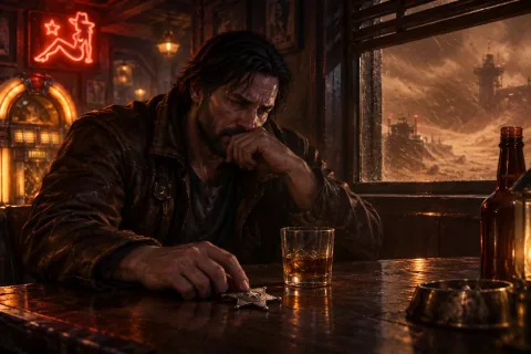 Jim Raynor sits alone in Joeyray's Bar, staring at his sheriff's badge with a glass of whiskey.