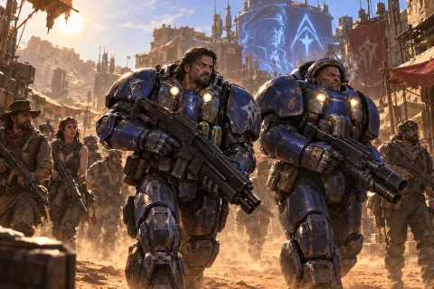 Jim Raynor and Tychus Findlay lead the Raiders through the dusty streets of Ma Sara.