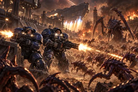 Raynor and Tychus fight off a Zerg swarm at the Ma Sara spaceport during evacuation.