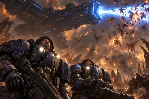 The battlecruiser Hyperion descends to rescue Raynor and Tychus from the Zerg.