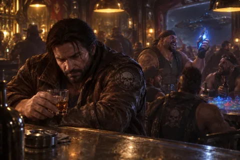 Jim Raynor broods in the Hyperion's Cantina while Tychus boasts about the artifact.