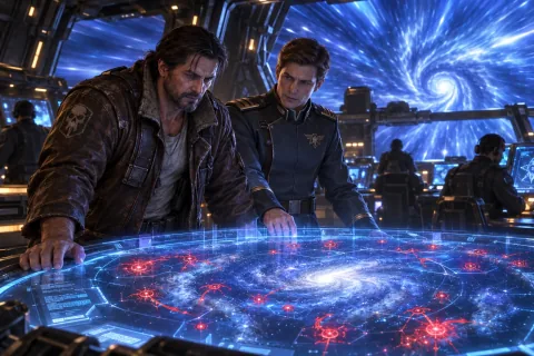 Jim Raynor and Matt Horner plan their next move around the Hyperion's star map.