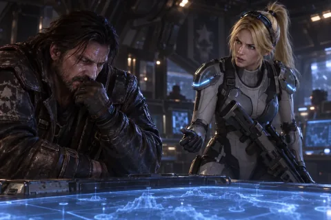 AI-reconstructed illustration — Raynor and Nova discussing the Ghost and Spectre issue on the Hyperion.