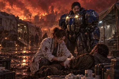 AI reconstructed illustration: Jim Raynor in blue marine armor stands beside Dr. Ariel Hanson as she tends to a wounded refugee on Agria under a red, spore-choked sky.