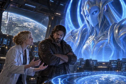 AI reconstructed illustration: On the Hyperion bridge, Jim Raynor and Dr. Hanson confront a large blue hologram of Executor Selendis warning of the Zerg infestation.
