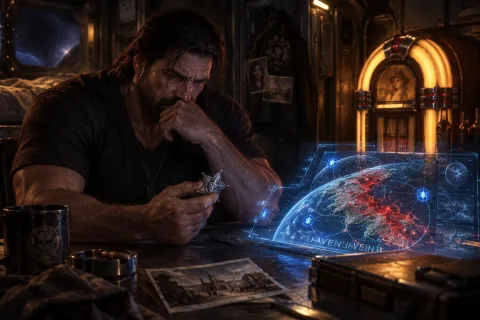 AI reconstructed illustration: In his dark cabin, Jim Raynor sits at his desk, holding his marshal's badge while staring at a holographic map of Haven's bio-signals.