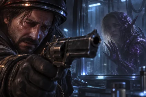 AI reconstructed illustration: In the sterile Hyperion lab, Jim Raynor holds his revolver with a sorrowful expression, facing the mutated silhouette of infected Dr. Hanson.