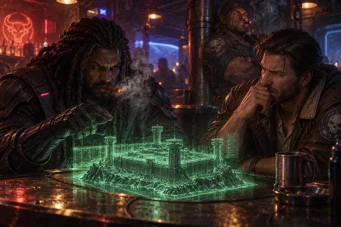 AI reconstructed illustration: In the smoky Hyperion cantina, Gabriel Tosh with glowing red eyes projects a hologram of New Folsom prison to a skeptical Jim Raynor.
