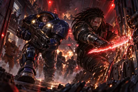 AI reconstructed illustration: Jim Raynor in blue CMC armor and Gabriel Tosh with a red psionic blade charge through a breached steel door of New Folsom prison.
