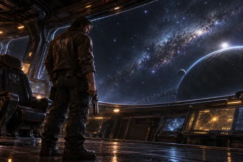 AI reconstructed illustration: Jim Raynor stands before the Hyperion bridge window, looking out at the black void of space while holding his steel revolver.