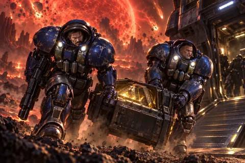 AI-reconstructed illustration — Raynor and Tychus moving the Xel'naga artifact on the collapsing Typhon.