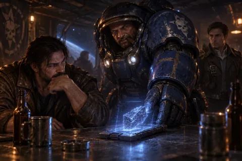 AI reconstructed illustration: Tychus Findlay tosses a glowing data pad onto the table in front of a suspicious Jim Raynor in the Hyperion cantina.