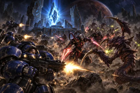 AI reconstructed illustration: Terran Marines clash with Tal'darim Protoss and Zerg forces around a glowing Xel'Naga artifact on Monlyth.
