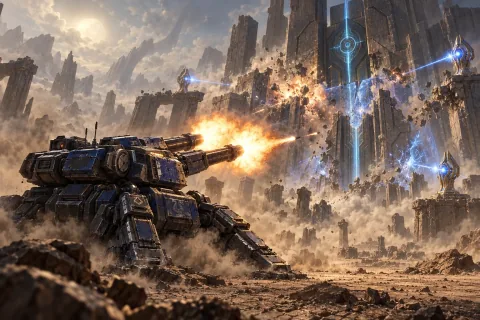 AI reconstructed illustration: A Terran Siege Tank in Siege Mode bombards the ancient Tal'darim temple defenses on the planet Xil.
