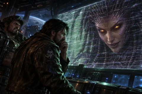 AI reconstructed illustration: Jim Raynor stares in anguish at the main screen of the Hyperion showing a transmission from the Queen of Blades.