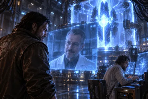 AI reconstructed illustration: Jim Raynor communicates with a cold, calculating Dr. Emil Narud on the Hyperion's bridge next to the glowing artifact.