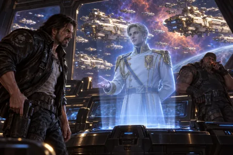 AI reconstructed illustration: Valerian Mengsk appears as a hologram on the Hyperion's bridge, revealing himself to a furious Jim Raynor.