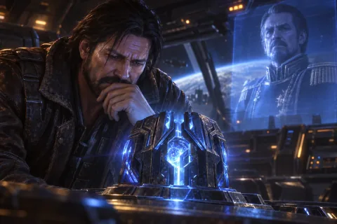 AI reconstructed illustration: Jim Raynor stares in deep conflict at the glowing Xel'Naga artifact, torn between his hatred for Mengsk and saving Sarah.