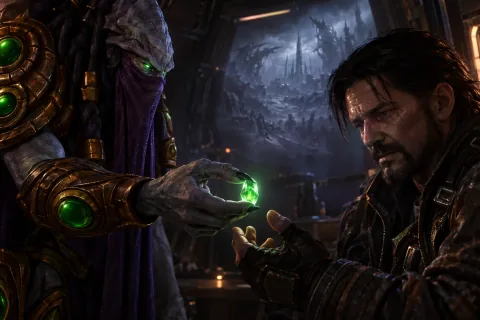 AI-reconstructed illustration — Zeratul handing the Ihan Crystal to Raynor, conveying the vision of the future.