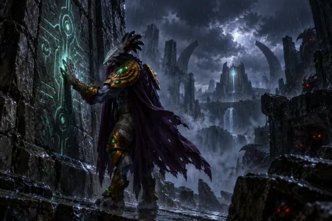 AI reconstructed illustration: Zeratul deciphering ancient Xel'Naga prophecy carvings on the storm-swept ruins of Ulaan.