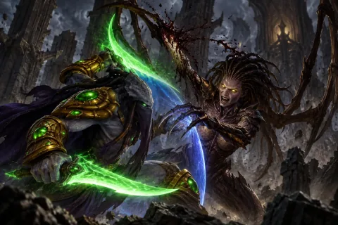 AI reconstructed illustration: Zeratul clashing with the Queen of Blades, Sarah Kerrigan, in the ruins of Ulaan.