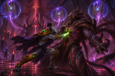 AI reconstructed illustration: Zeratul defeating the monstrous Hybrid to rescue the Preservers on Zhakul.
