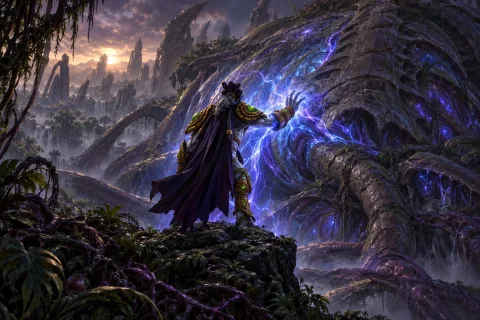 AI reconstructed illustration: Zeratul touching the fossilized Overmind on Aiur to read its tragic memories.