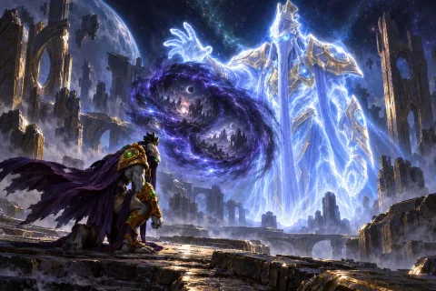 AI reconstructed illustration: The glowing projection of Tassadar delivering a grave warning to Zeratul on Aiur.