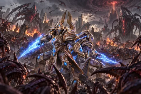 AI reconstructed illustration: Artanis and the last Protoss fighting a hopeless battle in the dark vision of a doomed universe.