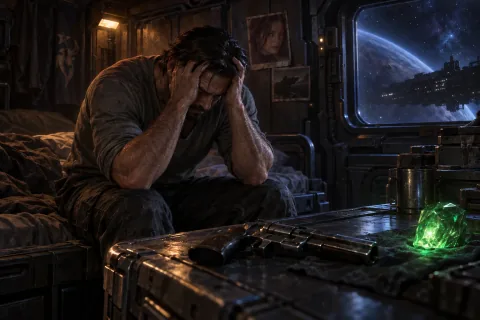 AI reconstructed illustration: Jim Raynor in his cabin, agonizing over the heavy truth and his mission to save Kerrigan.