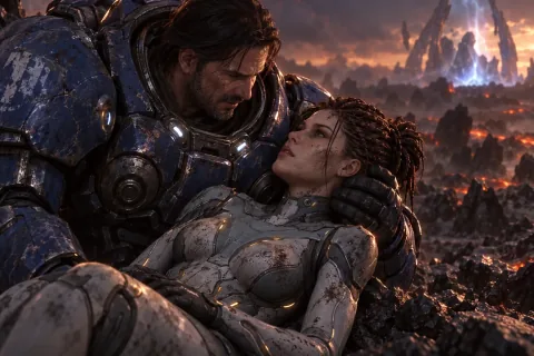 AI-reconstructed illustration — Raynor holding Kerrigan, who has returned to her human form on Char.