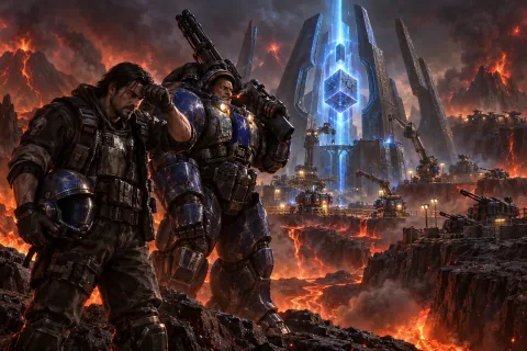 AI reconstructed illustration: Jim Raynor and Tychus Findlay overlook the final defense line and the assembling Xel'Naga artifact on the volcanic surface of Char.