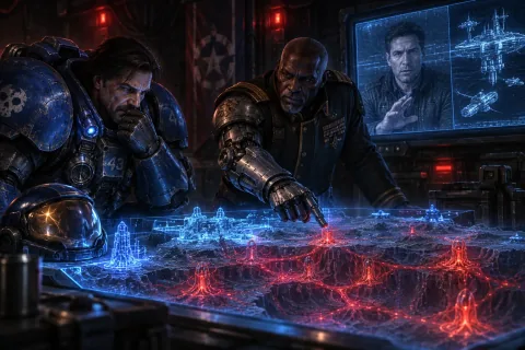 AI reconstructed illustration: Jim Raynor and General Warfield discuss tactical options over a glowing hologram map inside a command bunker.
