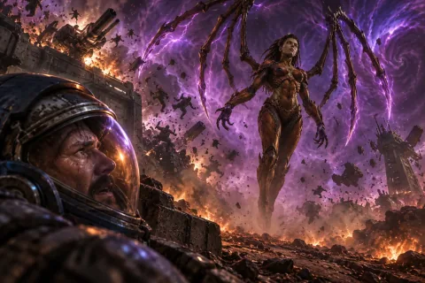 AI reconstructed illustration: The Queen of Blades unleashes a devastating psionic storm upon the Terran defenses on Char.