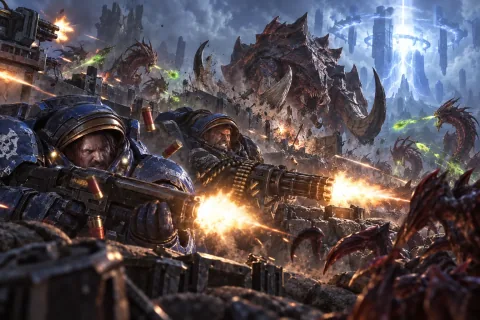 AI reconstructed illustration: Jim Raynor and Tychus Findlay desperately defend the line against a massive Zerg onslaught as the artifact charges.