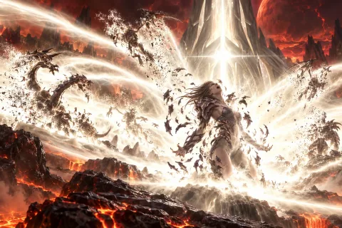 AI reconstructed illustration: The Xel'Naga artifact releases a blinding wave of purifying white light, disintegrating the Zerg forces.