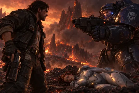 AI reconstructed illustration: Tychus Findlay points his rifle at Kerrigan as Jim Raynor prepares to draw his weapon to defend her.