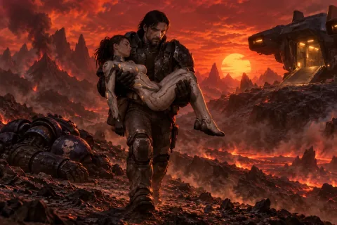 AI reconstructed illustration: Jim Raynor carries Sarah Kerrigan toward the rescue dropship as the red sun rises over Char.