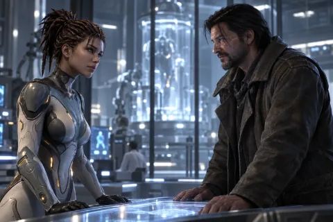 AI-reconstructed illustration — Kerrigan and Raynor dreaming of a human future at the Umojan lab.