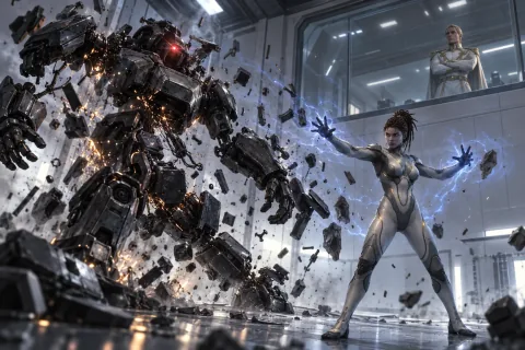 Valerian Mengsk watches from above as Kerrigan crushes a combat robot with her mind.